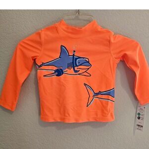 NWT Carters Toddler Boys Shark Snorkel Rash Guard Neon Orange Swim Shirt 24M UV